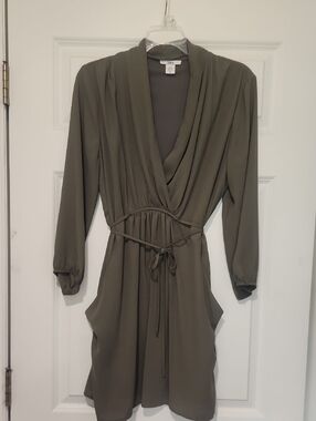 Bar III Olive Green Wrap Dress with Waist Tie
